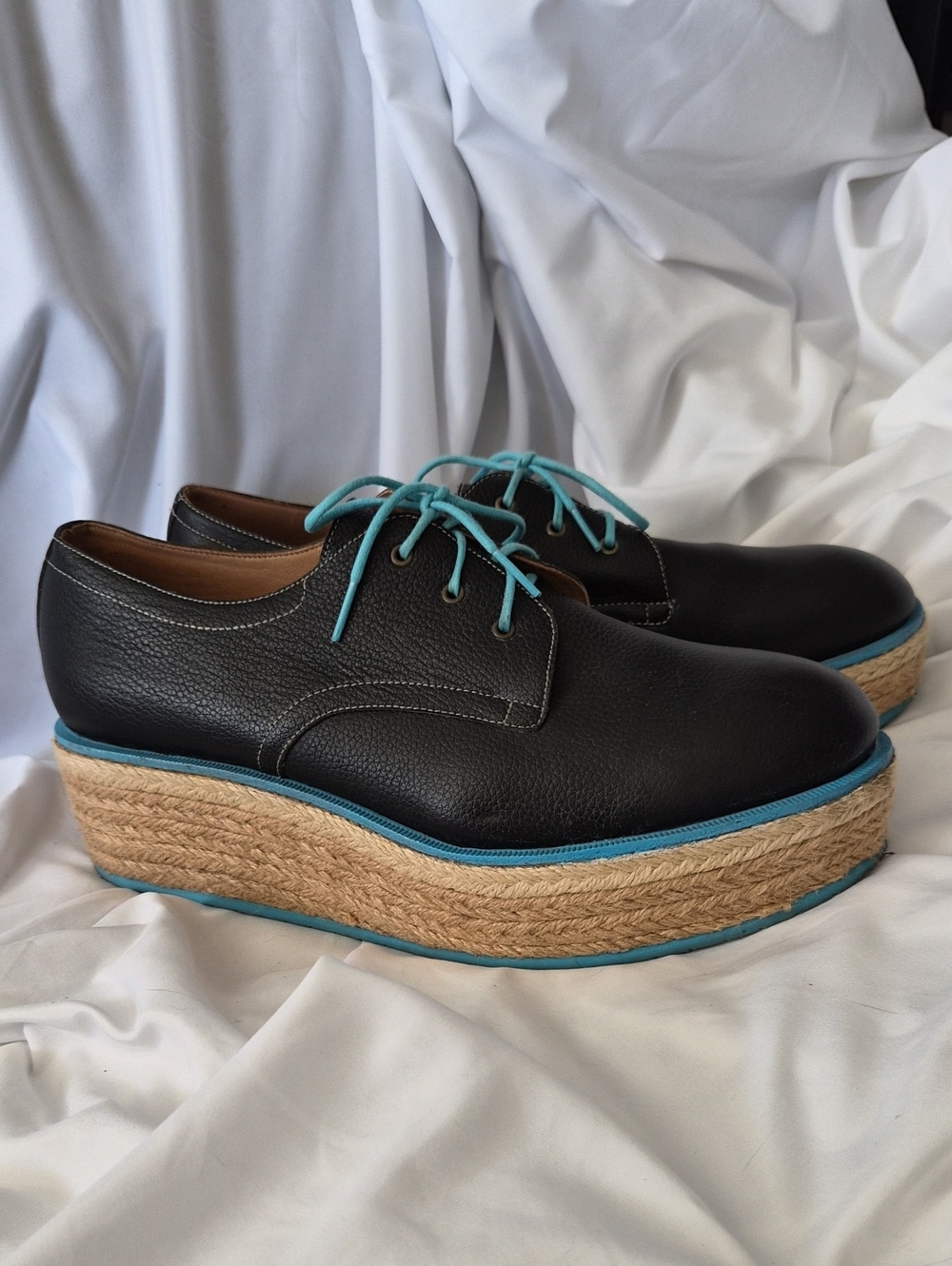 John Fluevog Black Leather Platform Espadrille Oxford Wedge Shoes Size 10